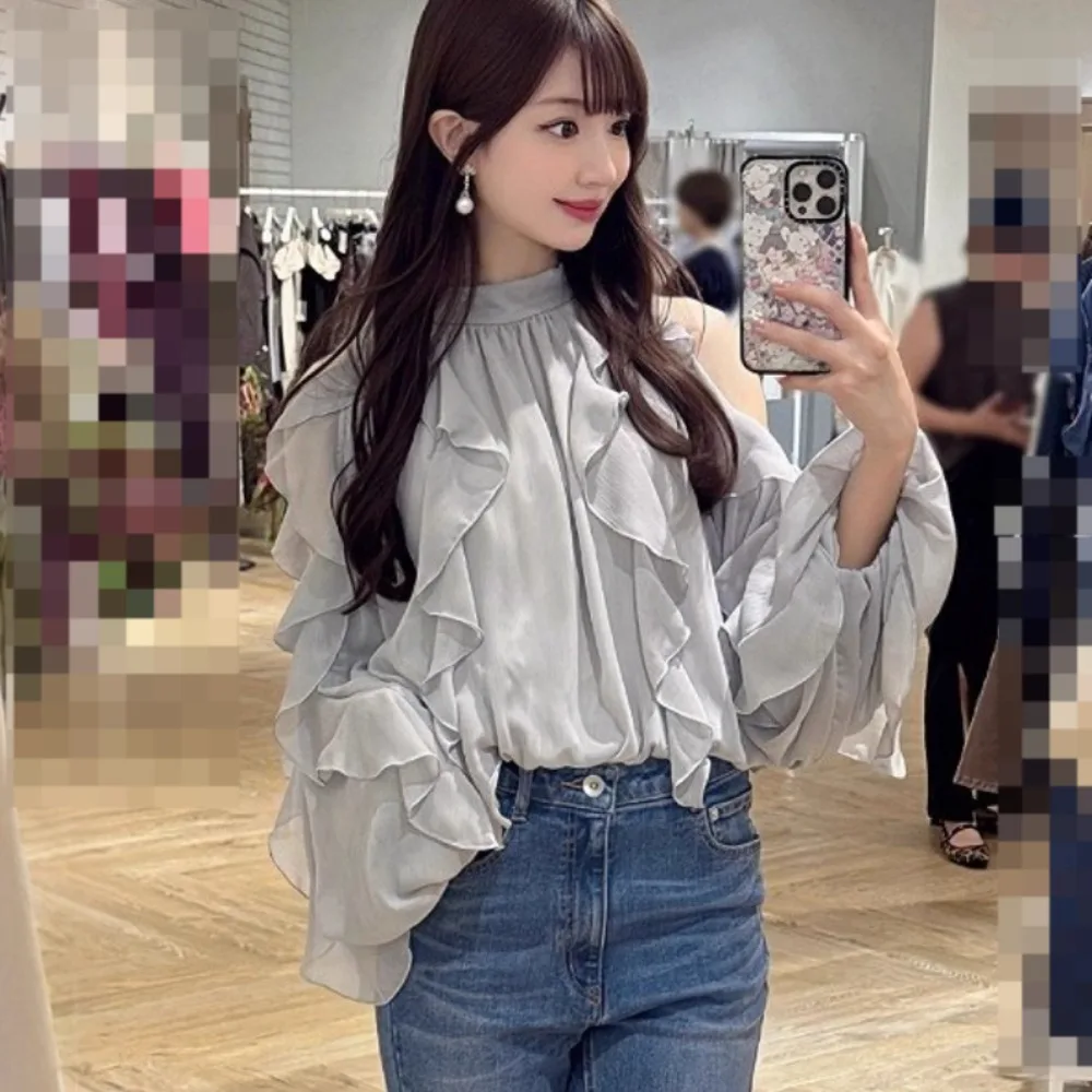 

Japan French Style Sweet Ruffled Crop Top Early Autumn New Fungus Off Shoulder Shirt Casual Chiffon Fairy Fresh Blusas