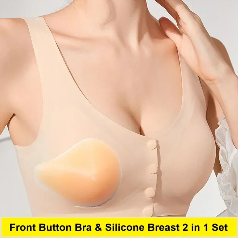 

Ice Silk Bra Realistic Prosthesis 2 in 1 Set No Binding Postoperative Bra Elastic Women Underwear Front Button Large Size Bra