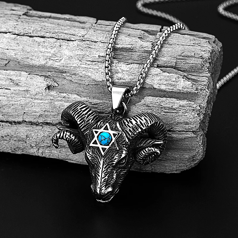 Men Retro punk Pendant Stainless Steel Hexagonal Star Satan Ram Bull Head PendantNecklace animal sheep head sweater chain collar