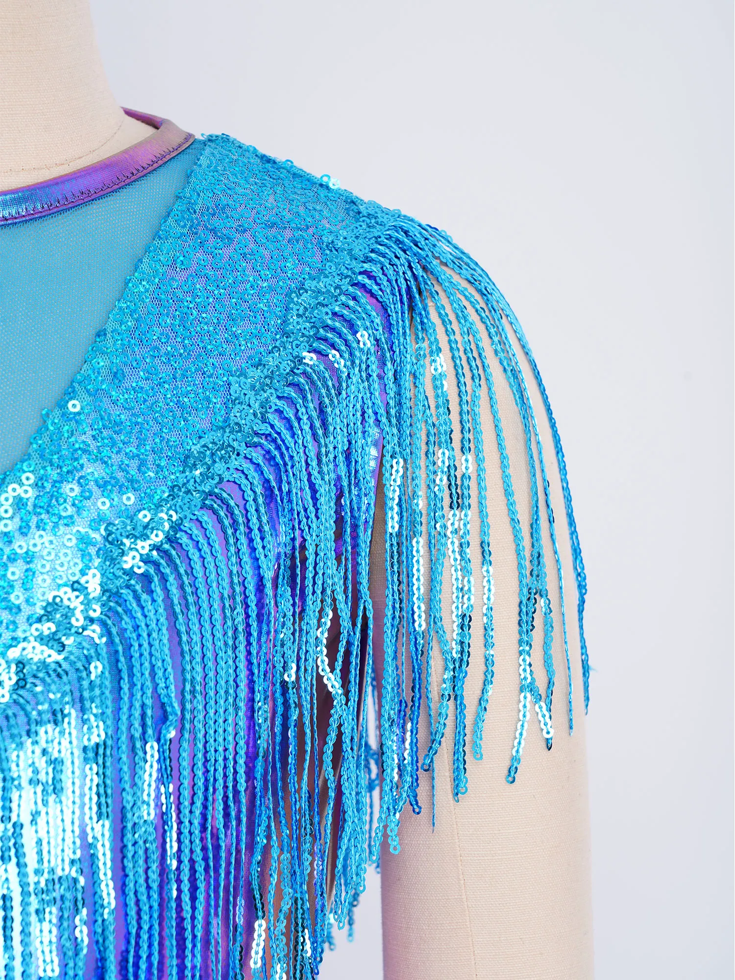 Kids Girls Metallic Shiny Disco Jazz Dance Jumpsuit Sleeveless Mesh Sequin Tassels Romper Rave Party Stage Performance Dancewear view 5