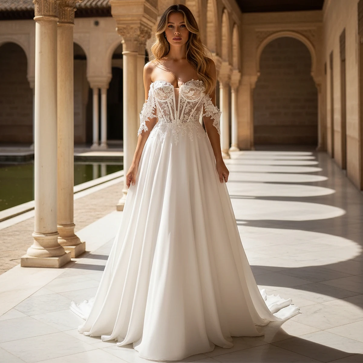 

Off Shoulder Lace Wedding Dress Long Illusion Bodic Top Chiffon for Bride A Line Bridal Party Gown For Women Vestidos Novia