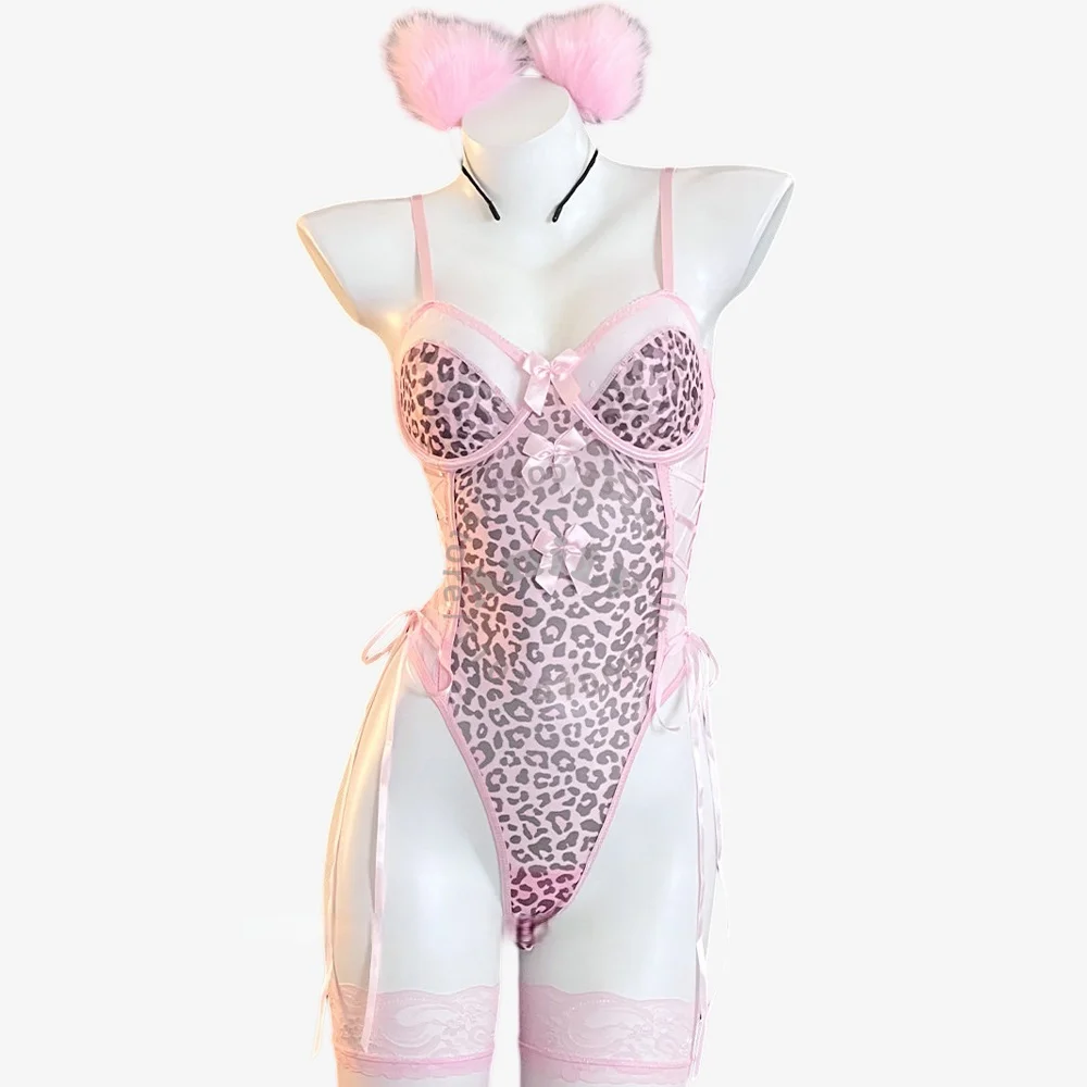 

AniLV Sweet Maid Sexy Uniform Pink Leopard Bodysuit Lingerie Temptation Nightwear Erotic Outfits Cosplay Costumes