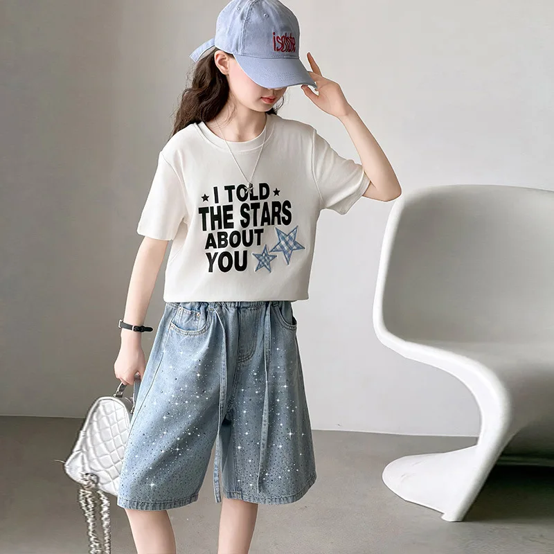 Summer Kids Girls Clothes Set Teen Girl letter Tops T-shirt + Denim shorts 2pcs Girl Outfits Girls Clothing 5 to 14 Years