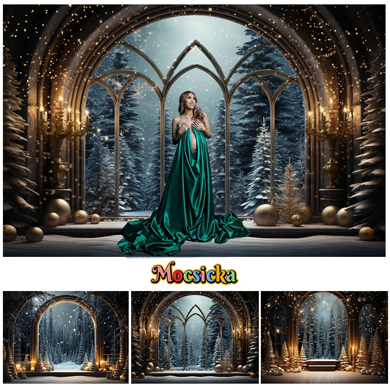 Mocsicka Winter Christmas Background For Children Adult Family Portrait Photography Xmas Tree Forest Window Snowflake Decoration