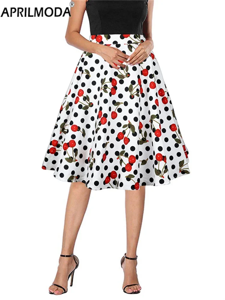 Vintage Spódnice z wysokim stanem dla kobiet White Cherry Polka Dot Print 50s 60s Pinup Rockabilly 2024 Fashion Summer Midi Skirt Buttons