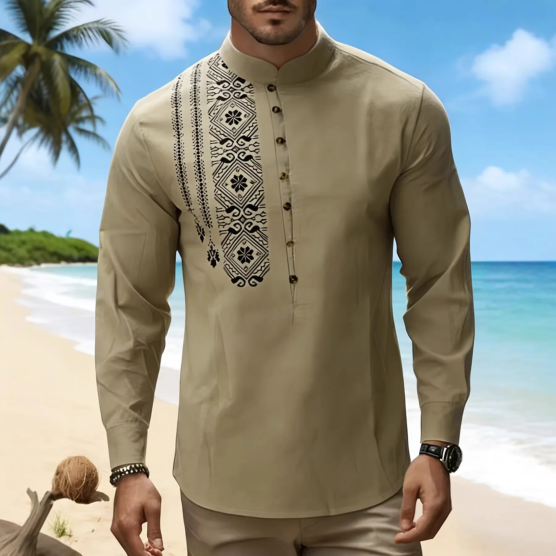 Men's Retro Style Casual Long-sleeved Placket Light And Breathable Fabric Four-season Versatile Semi-formal And Casual Wear