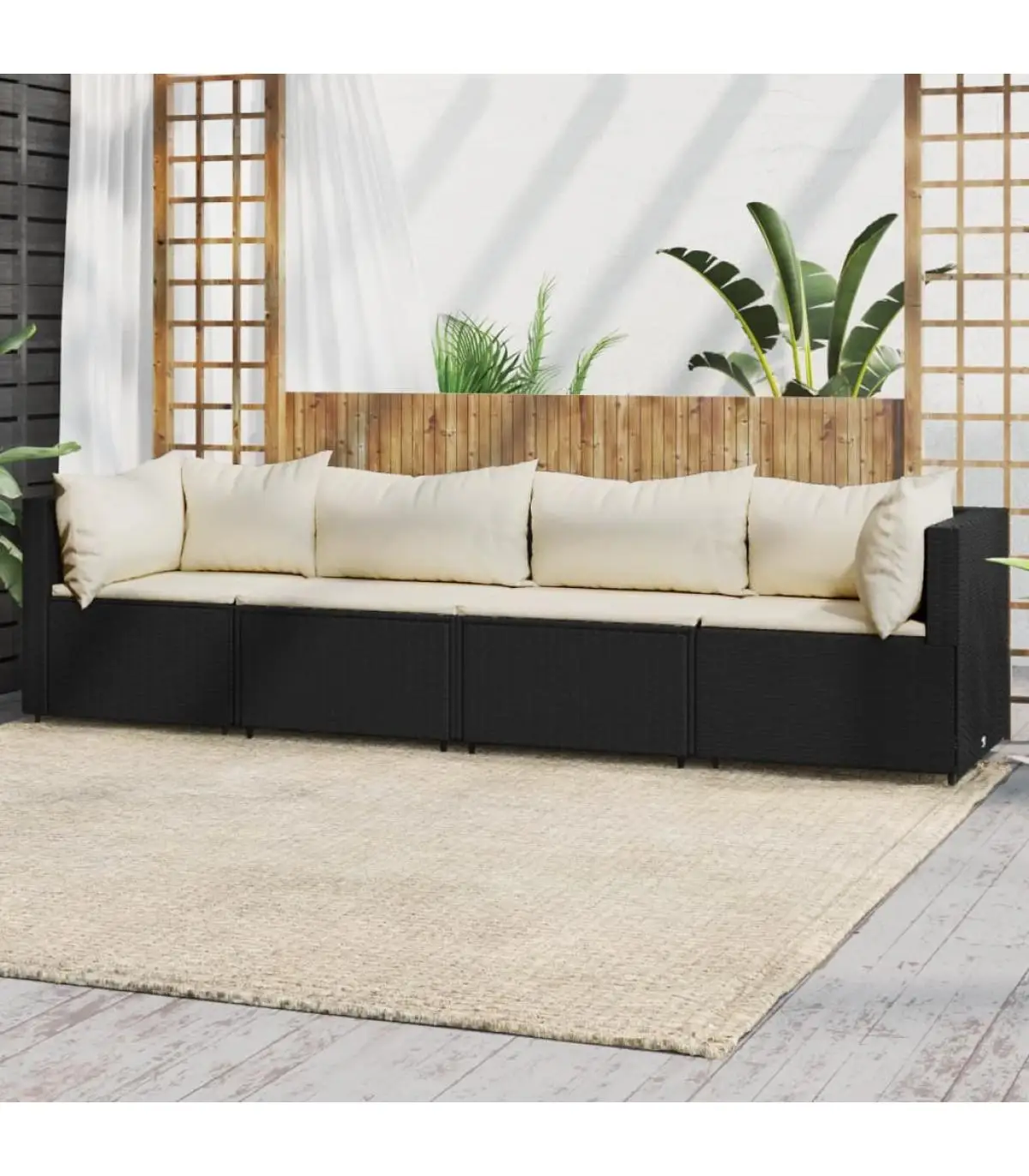 Outdoor sofa garden game with cushions 4 pieces black synthetic rattan