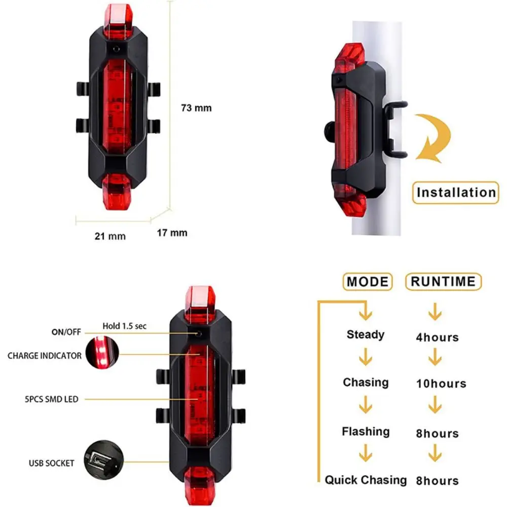 Bicycle Tail Light USB Rechargeable Mountain Cycle Rear Light Waterproof Bike Warning Light MTB Red Cycling Lamp Lantern image 6