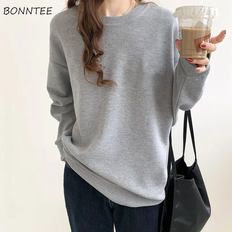 

Waffle Sweatshirts for Women Minimalist Style Ins Loose Fit All-match Korean Fashion Autumn Outerwear Students Daily Young Mujer