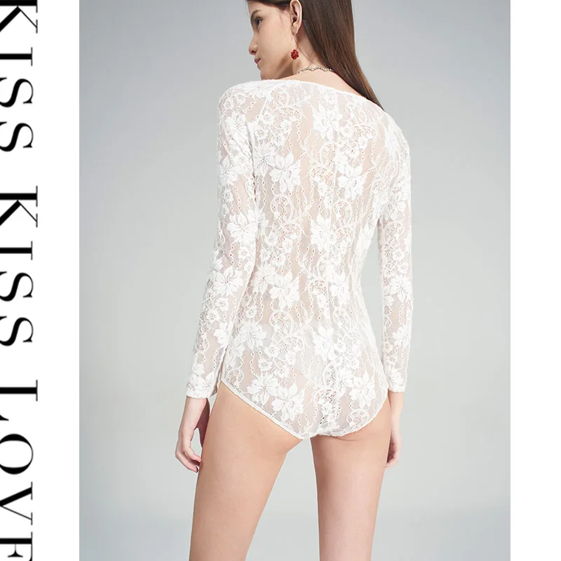 Combinaison longue élastique pour femme, nouvelle collection printemps-été, Kiss Kiss Love, dentelle ajourée, blanc, taille mi-haute, tissu en nylon