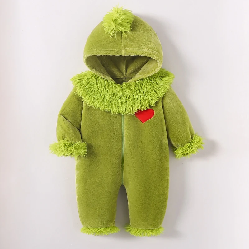 Tenue de Noël à capuche pour bébé garçon et fille, combinaison à fermeture éclair, barboteuse à fourrure, monstre vert, vêtements de Noël