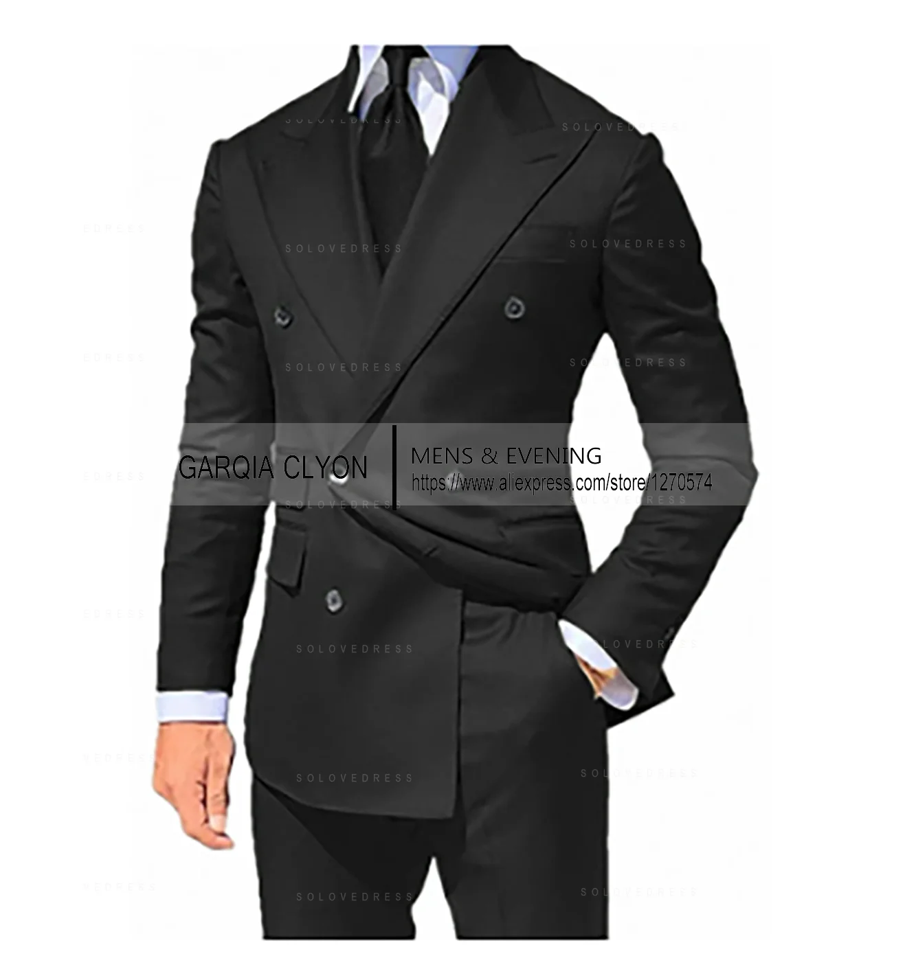 Navy Blue Mans’ Suits Double Breasted Jacket Pants Set Costume Homme Formal Slim Fit Tuxedo Groom 2-Piece Wedding Peaked Lapel