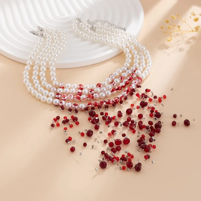 Halloween Jewelry Gothic Style Pearl Necklace Choker Halloween Blood Drop Tassel Crystal Collarbone Chain
