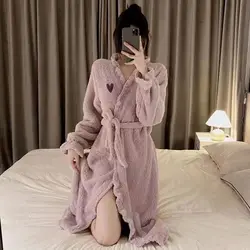 Coral Fleece Robe for Women Sleepwear Winter Nightdress Night Wears Warm Pajama One Piece Nightgown Hooded Sleeping Homewear