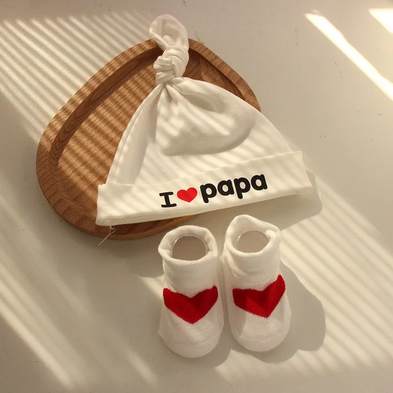Baby Girl Boy Hat Socks Set I Love Mama Papa Print Knotted Beanie Heart Socks Newborn Gift 2Pcs/Set for Newborn D1080