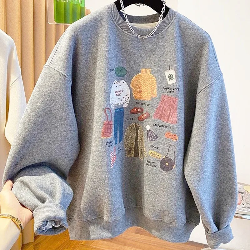 Women American Style Autumn Winter Loose Crewneck Sweatshirt Clothing Element Print Fleece Thick Casual Top