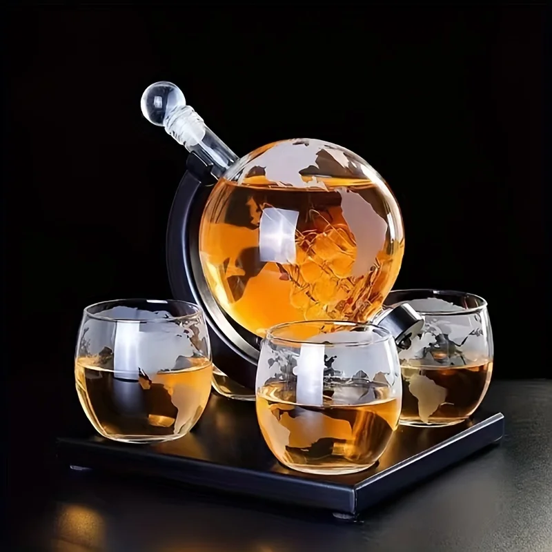 Creative Globe Decanter Set with Lead-free Carafe Exquisite Wood-stand and 2 Whisky Glasses Whiskey Decanter Globe Grade Gift