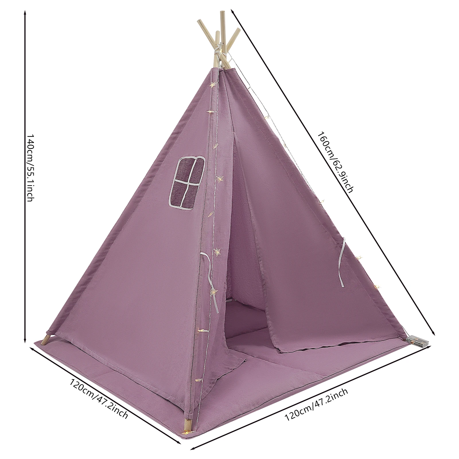 Tipi-Zelt für Kinder – Spielzelt aus 100 % Baumwolle und Leinen mit gepolsterter Matte und Sternlichtern, faltbares Indoor-Spielzelt für Mädchen und Jungen – Detail 7