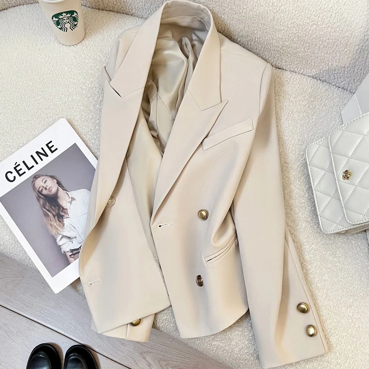 

2025 new style spring and autumn casual commuter style women's suit jacket, retro British style high-end fashion suit coat