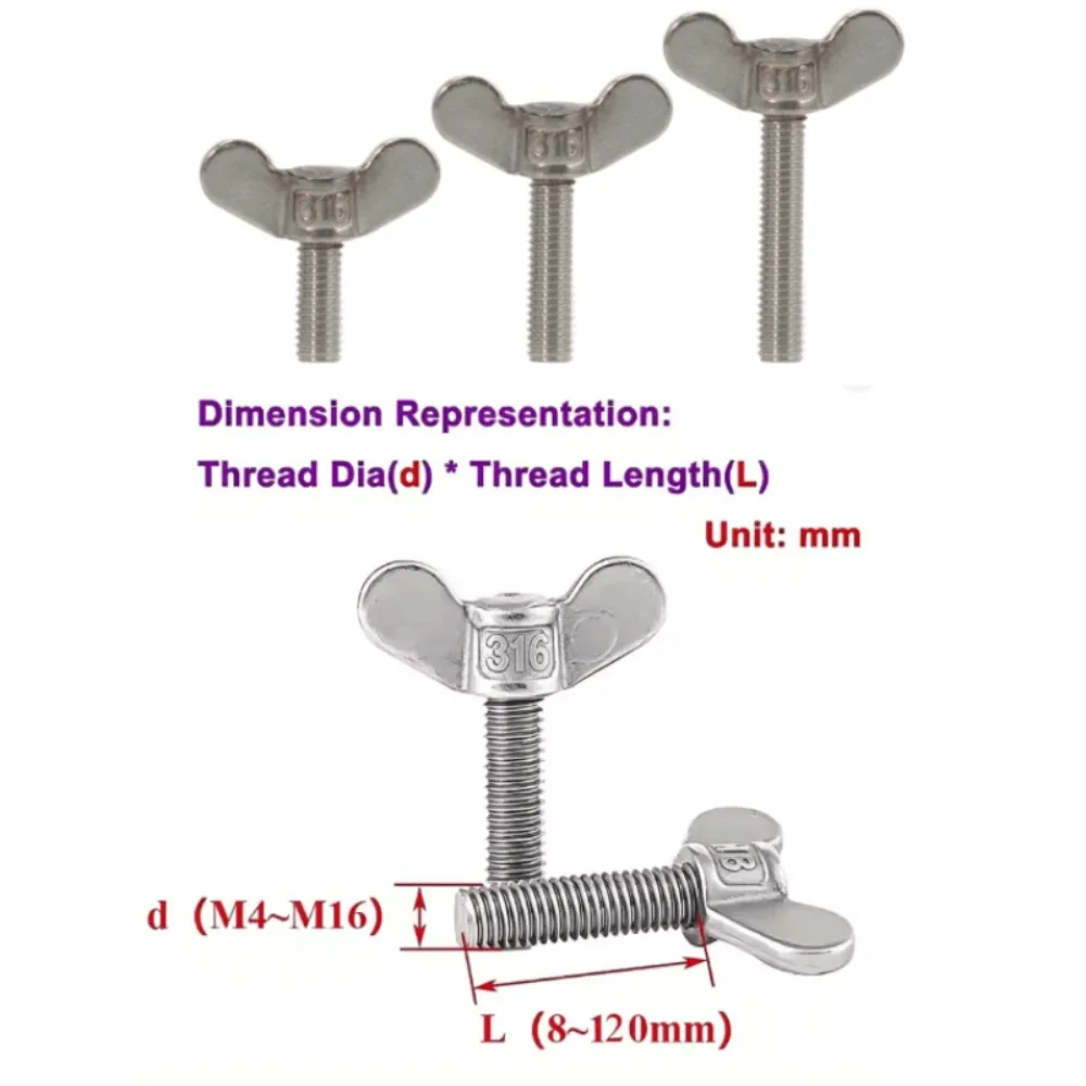 Anti‑Rust 316 SS Wing Thumb Screw M4‑M16, Butterfly Sheep Horn Bolt, Manual Twist Screw for Marine Industrial Hardware