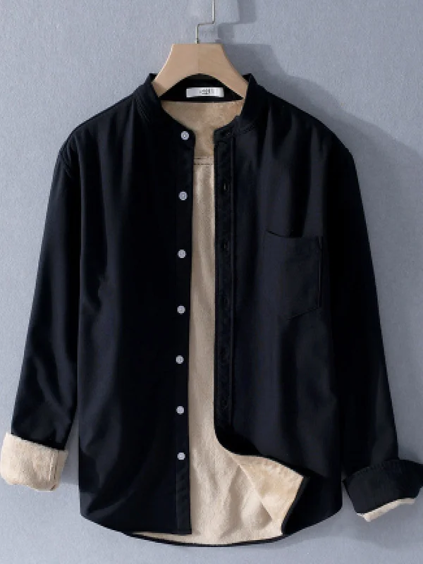 

Мужская повседневная рубашка из оксфордской ткани с длинным рукавом, на флисовой подкладке, утепленная, с воротником-стойкой, теплая, для осени и зимы, модная городская одежда