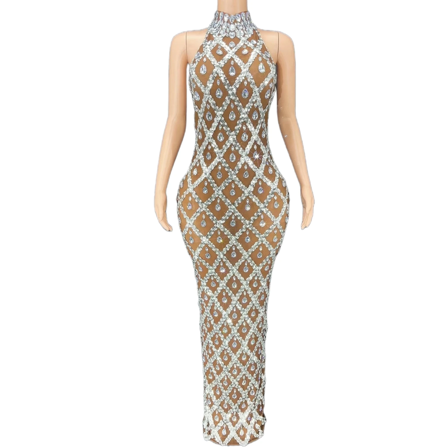 

New Fashion Brown Long Dress Women Crepe Partying Diamond Crystal Halter Slit Dress Show Vestidos de Fiesta Largos Elegantes