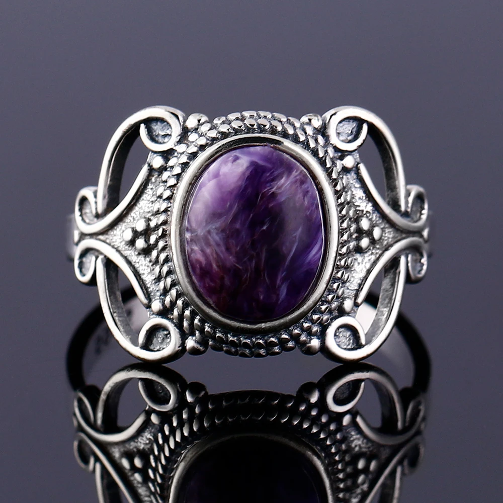 Nasiya Bohemia Style 8x10MM Oval Purple Charoite Rings For Women Silver Color Ring Fine Jewelry For Anniversary Party Gift