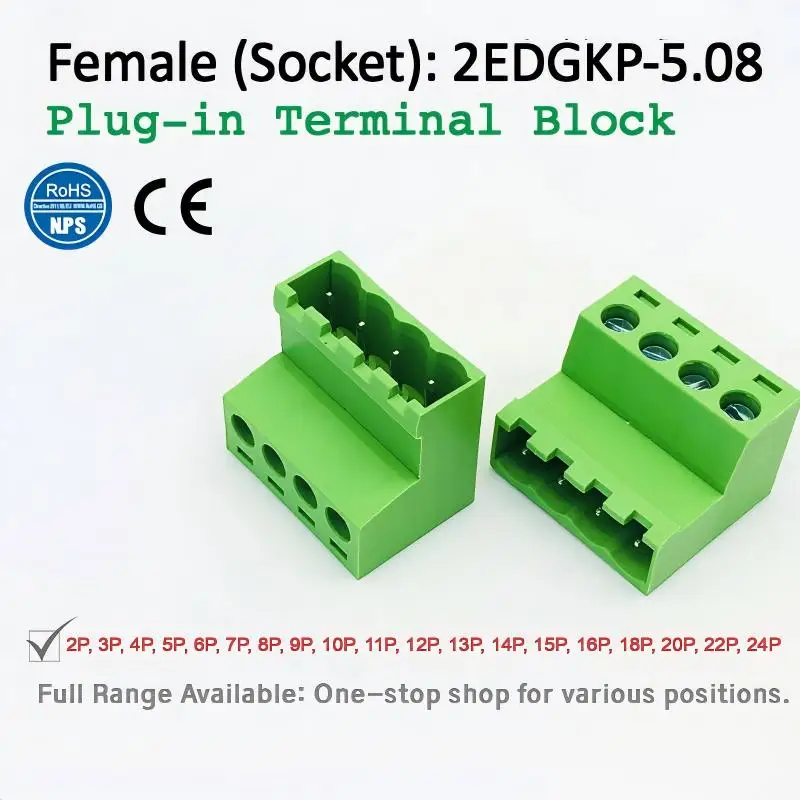 2EDGRK-5.08 Pluggable Plug-in Terminal Block with 2EDGKP Female Socket, 2P to 24P,15A 300V, Screw Connection, for PCB/Wire
