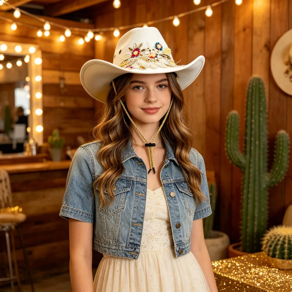 Beaded Chain Floral Embroidered Cow Boy Hat for Teen Young Women Ages 14+ Western Party Fashion Fedora