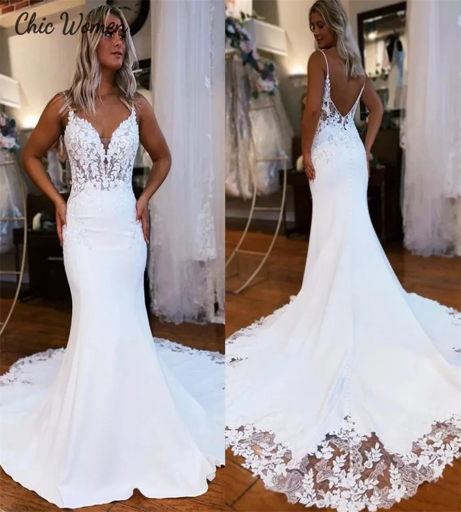 

Spaghetti Straps Mermaid Wedding Dress With Lace Elegant Beach Boho Bride Dress Elegant Backless Charming Bridal Gown Customized