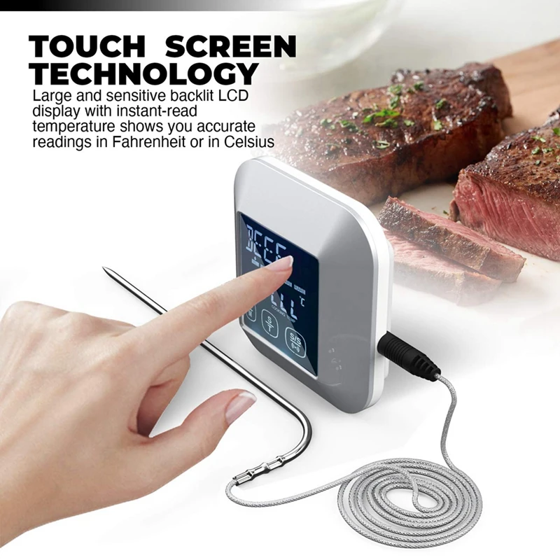 Digital Touch Screen Kitchen Thermometer For Meat Poultry Fish Long Wired Probe Cooking In Frying Pan Oven Smoker BBQ