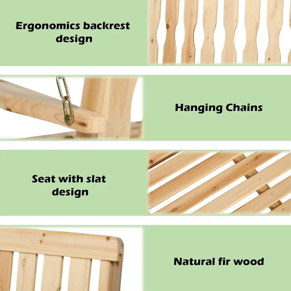 Balançoire de porche suspendue en bois pour 2 personnes, banc de patio avec dossier incurvé, terrasse et balançoire de jardin, naturel, 46