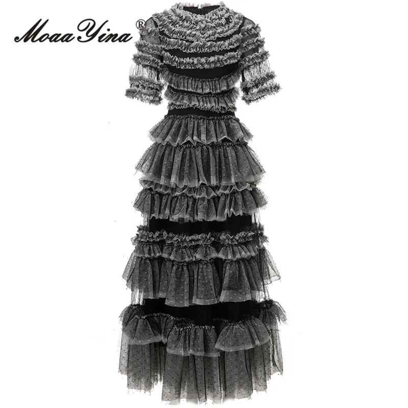 

MoaaYina Autumn Fashion Designer Vintage Dot Print Dress Women O Neck Short Sleeve Mesh Ruffle High Waist Slim A-line Long Dress