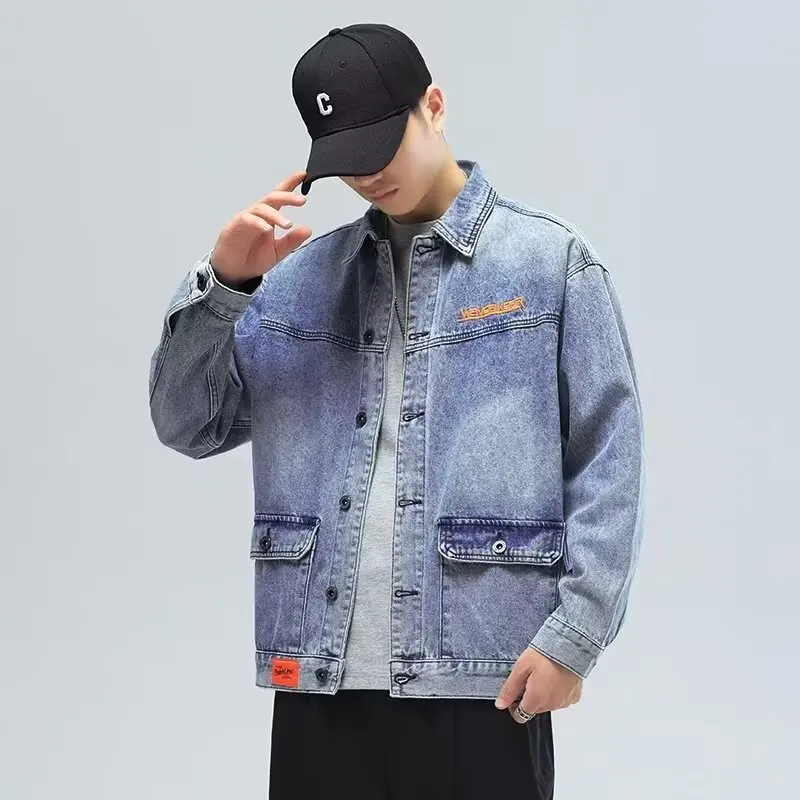 

Loose Fit Men's Denim Jaet with Big kets Casual Sle Workwear Jaet Turn-down Collar Autumn Wear Comfortable Cotton Po...