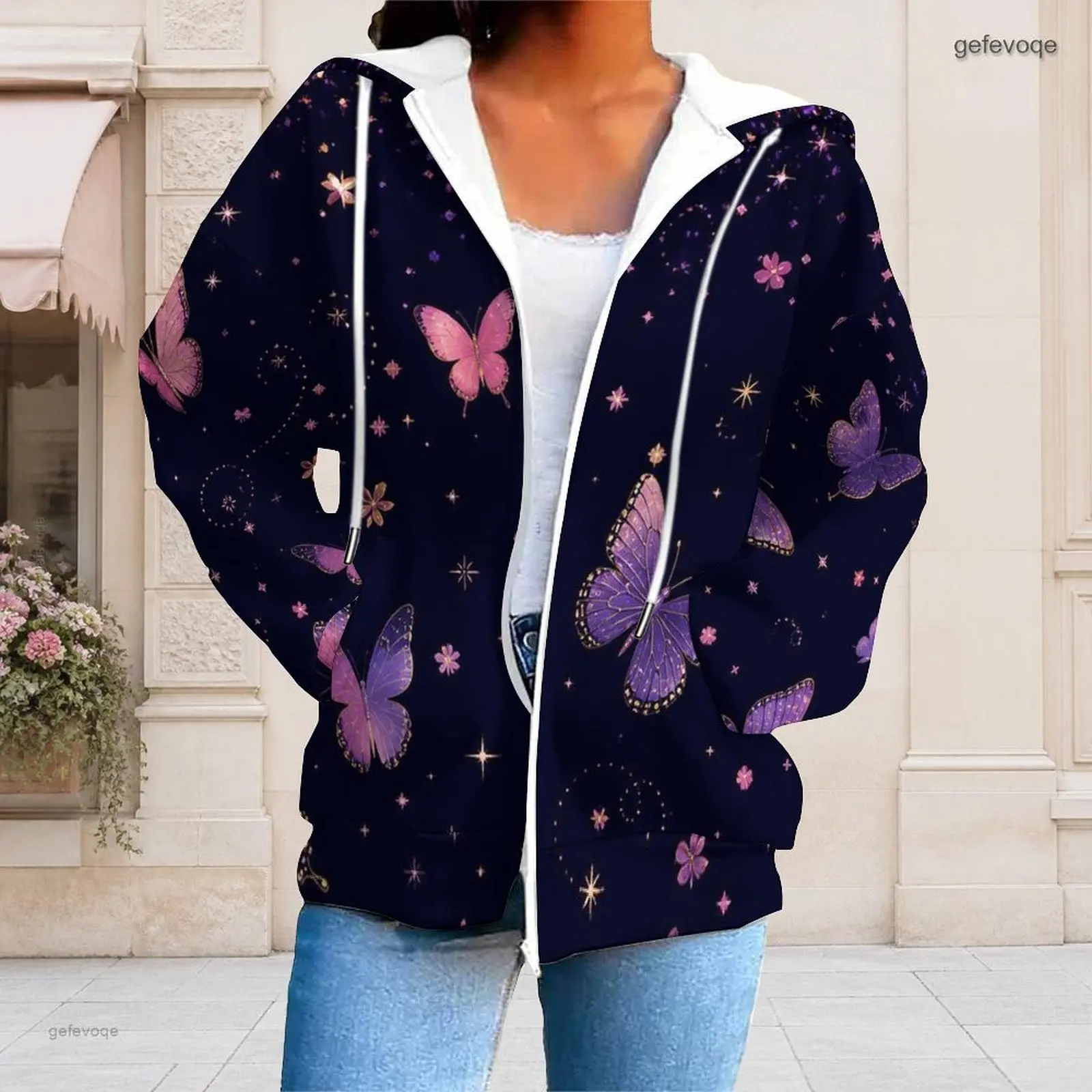 Women Dark Base Pink Purple Butterfly Star Floral Printed Zip Up Long Sleeve Hoodie