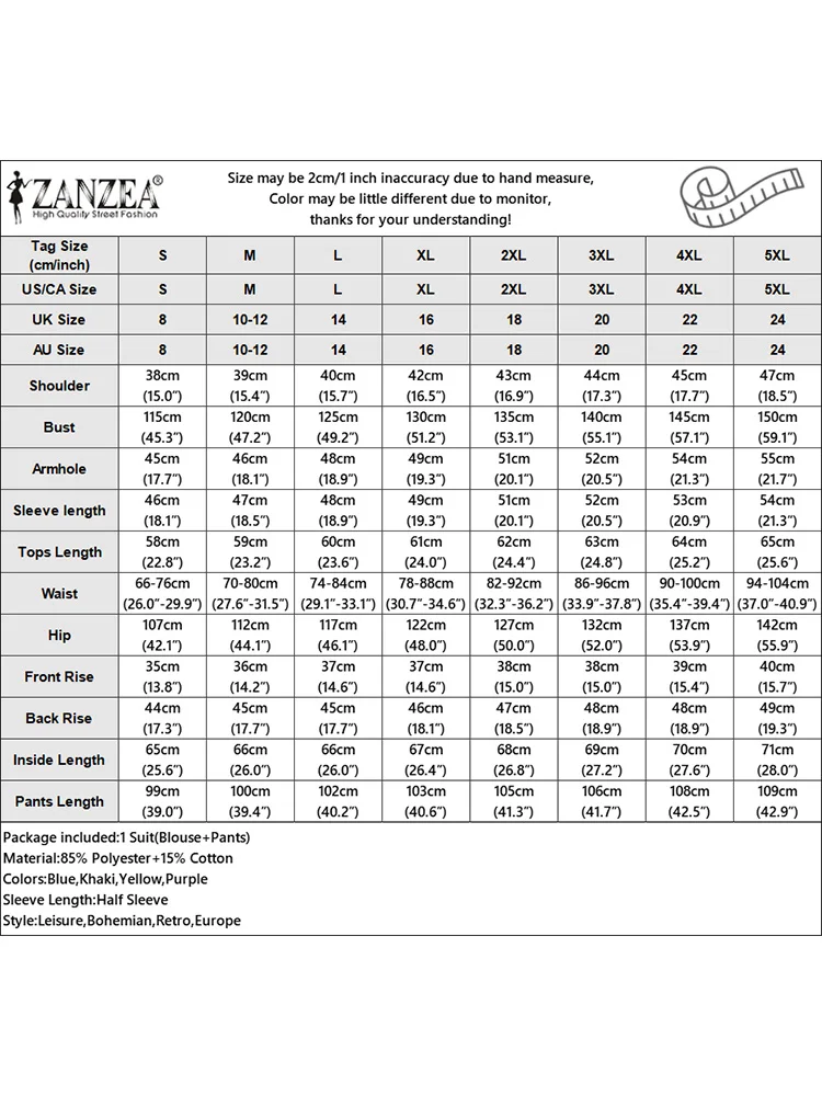 ZANZEA Donna Casual 2 pezzi Set Abbigliamento da giorno Camicette larghe a mezza manica con scollo a V Pantaloni a gamba larga 2 pezzi Completi estivi Set di pantaloni solidi