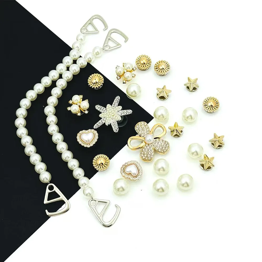 24/26Pcs Fashion Shoe Charms Set for Sandals Clogs Pins Accessories Diamond Flower Pearl Chain Personalized Sneaker Decorations