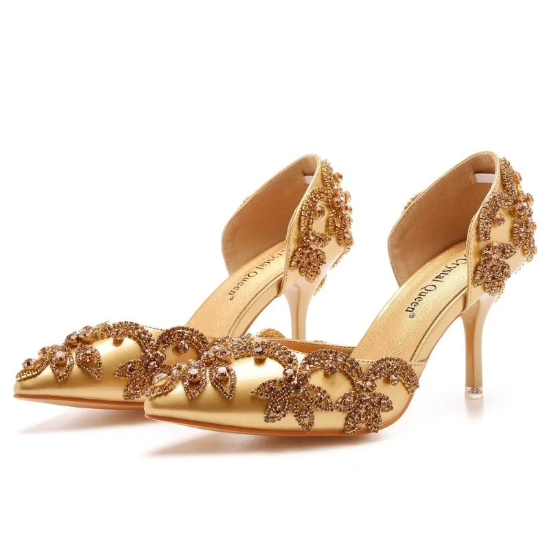 Summer Fashion Sandals Women Sexy PU 7CM Thin Heels Slip On Rhinestone Dress Women's Shoes Golden Women Dress Sandals