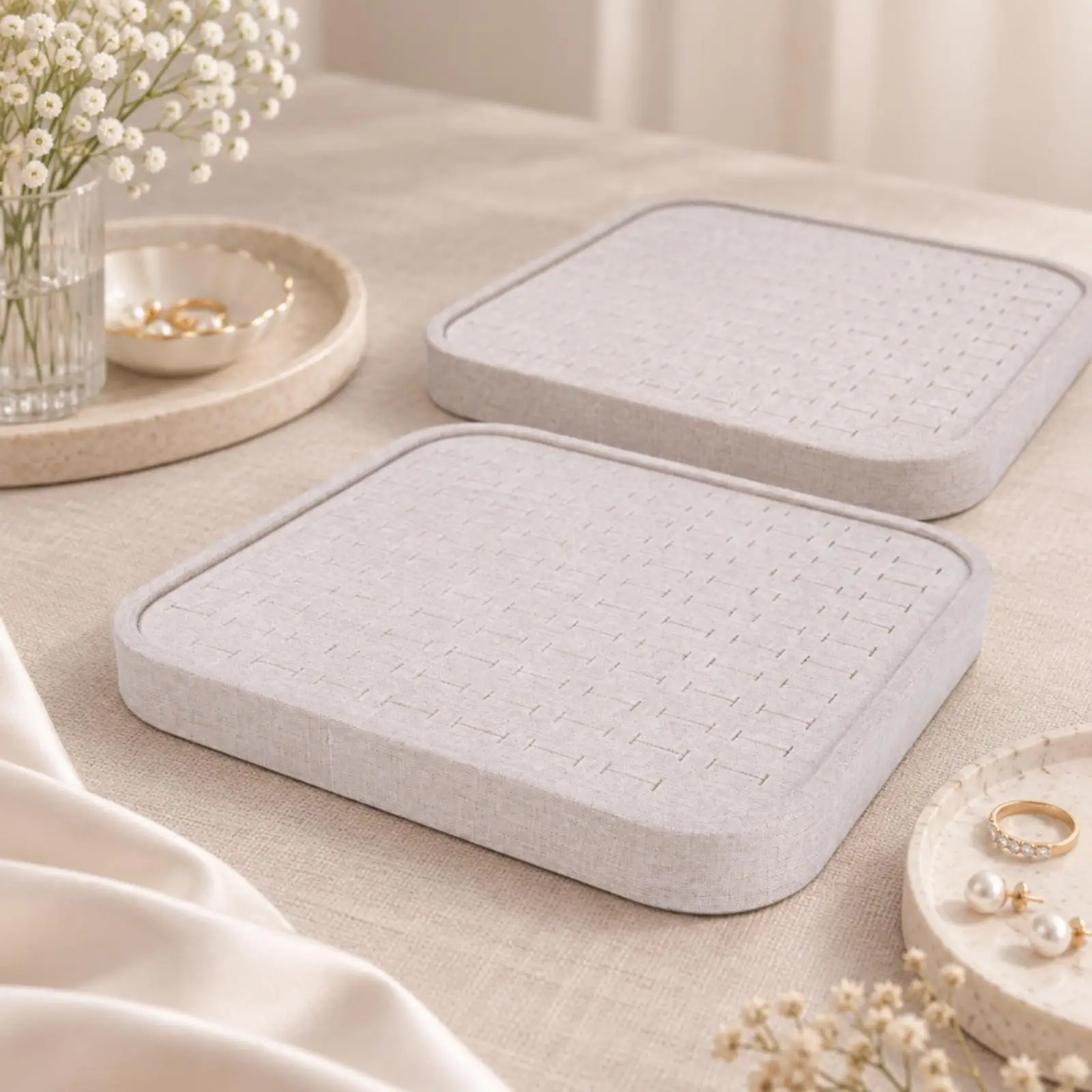 Linen Jewelry Tray Storage Box with Padded Interior Flat Display Surface Organizer for Small Jewelry Pieces for Retail