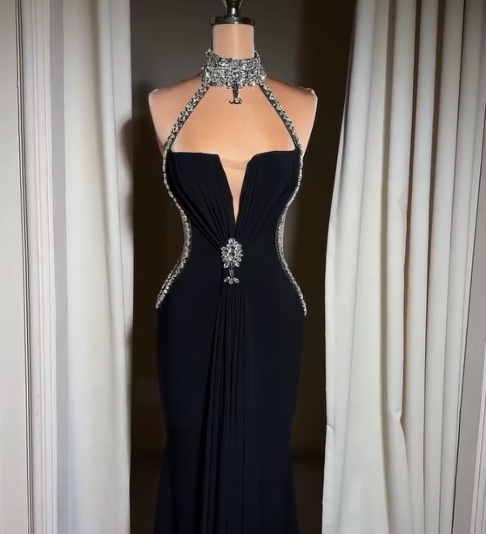 Customized Matching Jersey Sequined Pattern Mermaid Halter Long Bespoke Occasion Prom Dresses Chinese Style