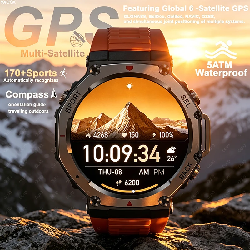 

Men Military GPS Sports Watch Compass 5ATM Waterproof 1.43" AMOLED 170+Sports Mode 500mAh Battery BT Talk Smart Sports Watch Men