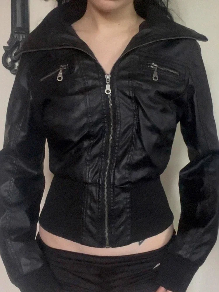 Spring Amercian Vintage Y2K Pu Leather Jacket Women Streetwear Harajuku Grunge Emo Alternative Grunge Zipper Casual Coats Female