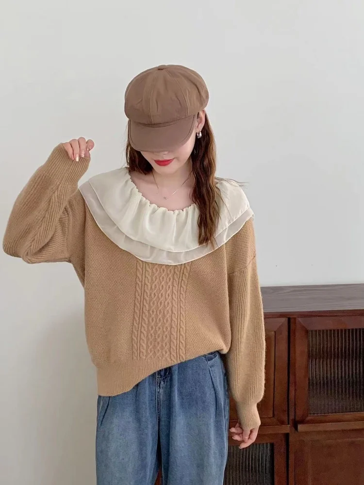 Autumn Winter New Chic Office Turtleneck Bottoming Sweater Cover Lace Lotus Leaf Fungus Edge Horn Sleeve Women's Knitted Sweater