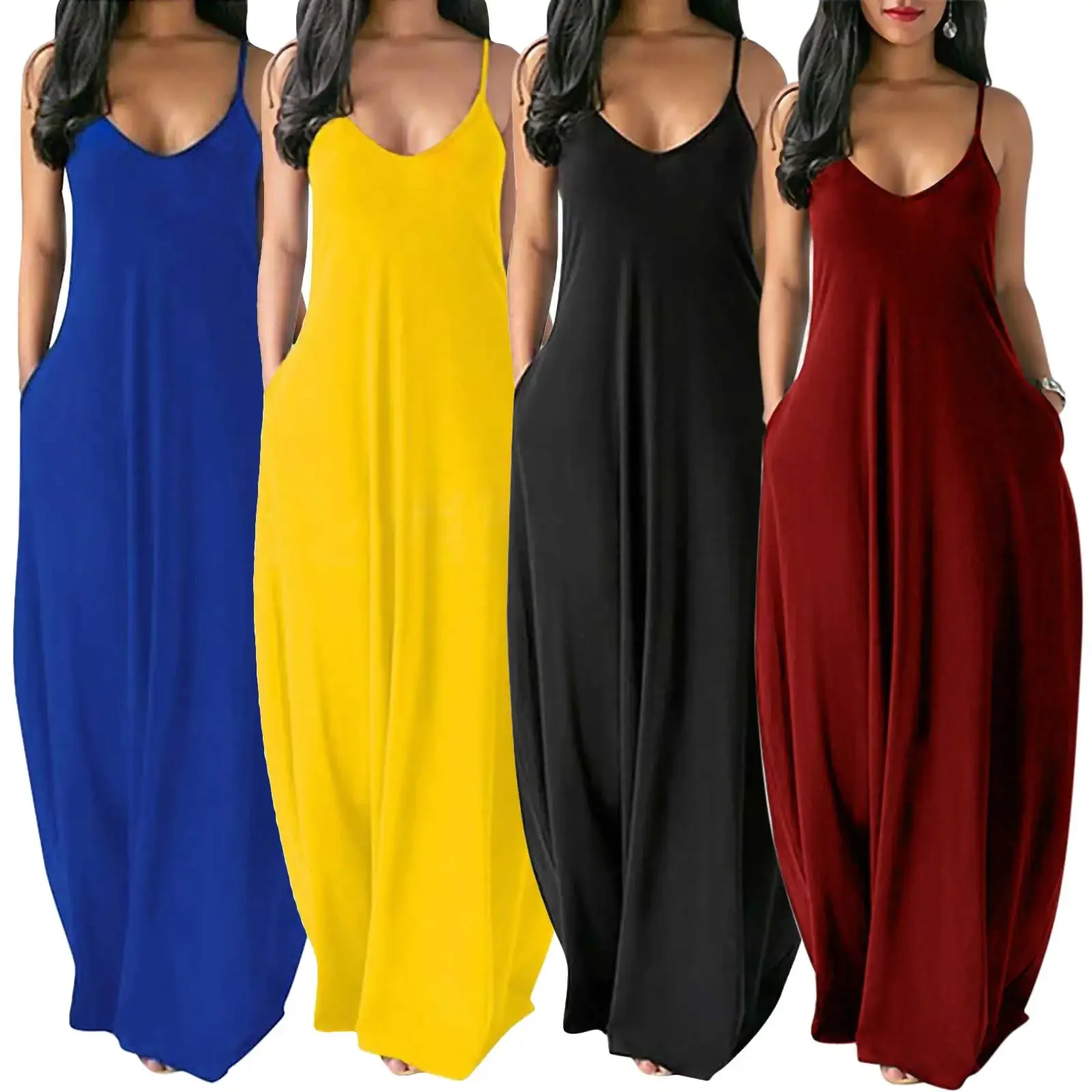 

2023 Summer Women Large Size Dresse Women's Sexy V-Neck Sleeveless Spaghetti Strap Sundress Ladies Solid Color Long Dress S-5XL