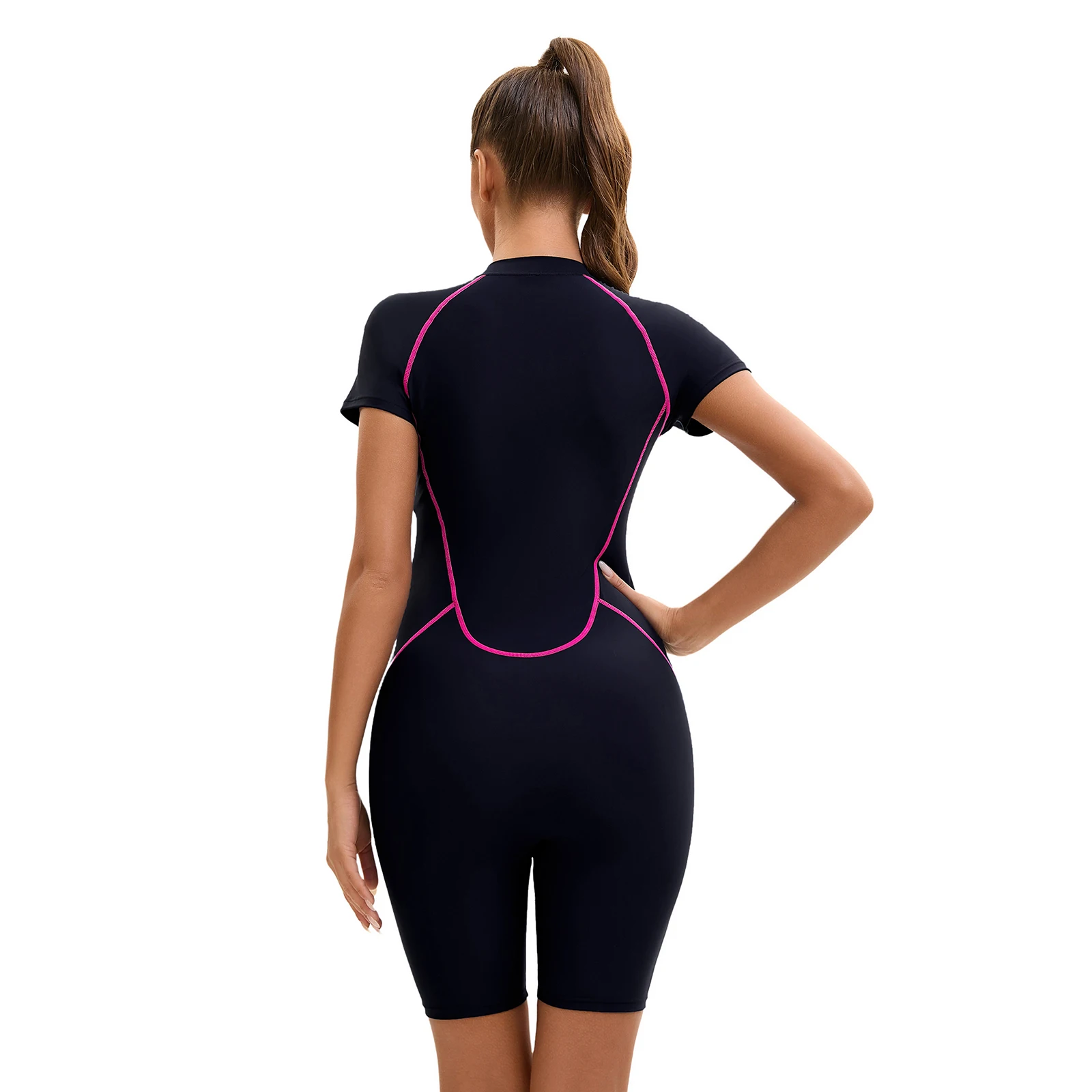 Womens One Piece Athletic Swimsuit Short Sleeves Removable Pads Front Zipper Sports Swimwear Wetsuit Beachwear Bathing Suit