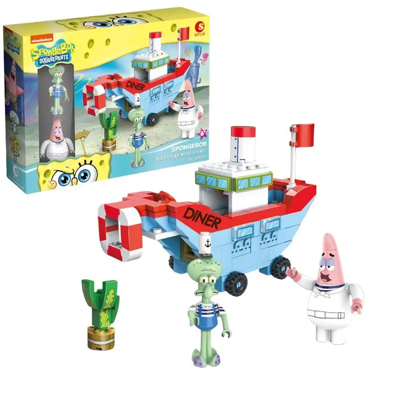 Original SpongeBob SquarePants Crab Burger Base Ship Restaurant Assemble Building Blocks Biqibao Adventure  Kids Gift Toys