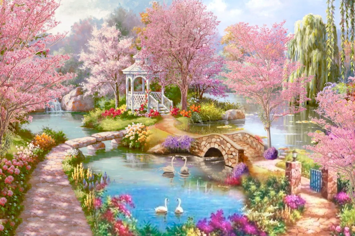 

Park Garden Bridge Lake cherry blossoms Tree Swan photo backdrop scenic backgrounds