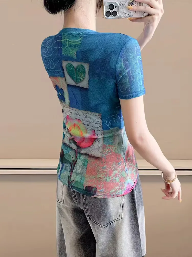 أنيقة عادية الاتجاه شارع العليا الإناث تي شيرت الربيع الصيف امرأة S-3XL قصيرة الأكمام المطبوعة الزهور شيك القمم الفن التجريدي