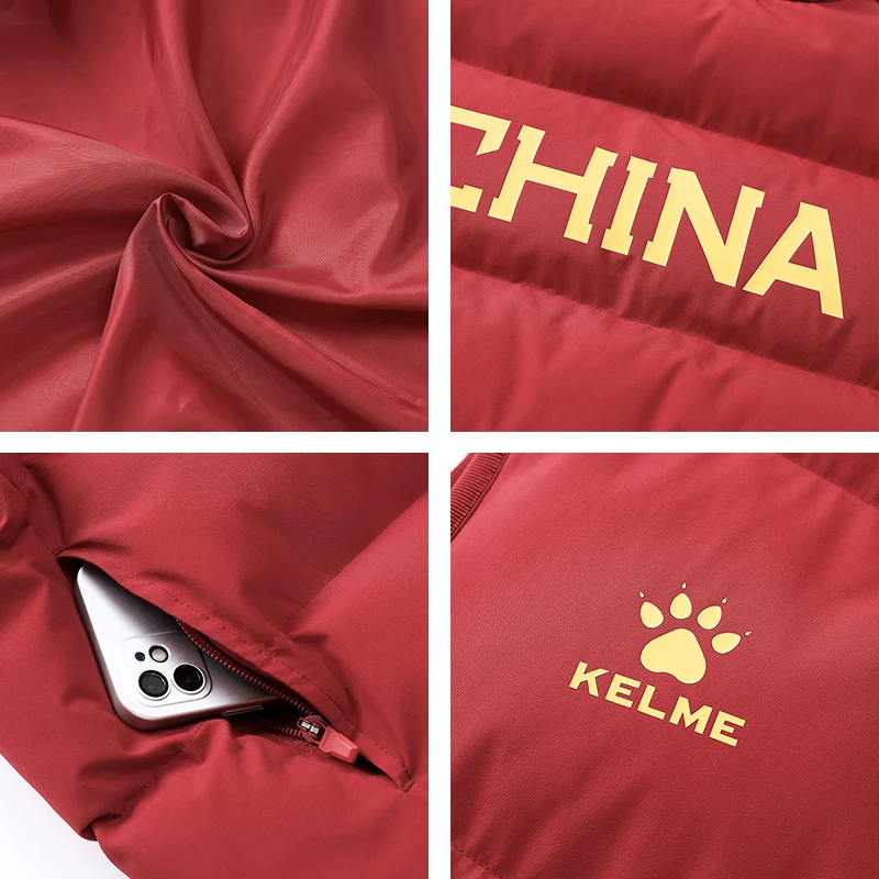 KELME rompi musim dingin pria untuk Qatar, mantel olahraga sepak bola, mantel pendek kerah berdiri, jaket tahan angin, mantel latihan hangat