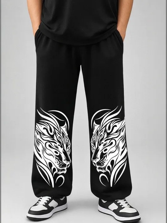 Men Dual-side Big Cat Totem Print Drapey Loose Trousers, Alternative Street Fashion, From Pop-up Boutiques To Evening Strolls
